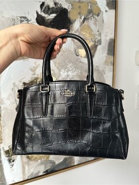 Coach Black Croc-Embossed Leather Satchel with Gold Hardware Sage Carryall Model